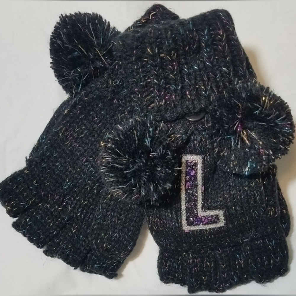 Justice Dark Rainbow Speckled "L" Pom-Pom Fingerless Gloves